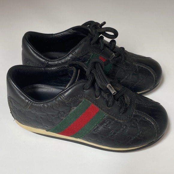 Toddler Boys Gucci Sneakers Logo Embossed Black Leather Red Green Stripe Size 23 - Picture 5 of 11